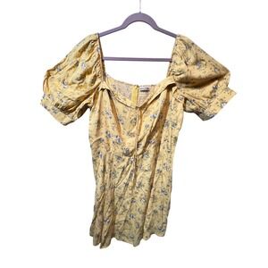 Reformation Floral Mini Dress Yellow Puff Short Sleeve‎ Smocked Casual Size 16